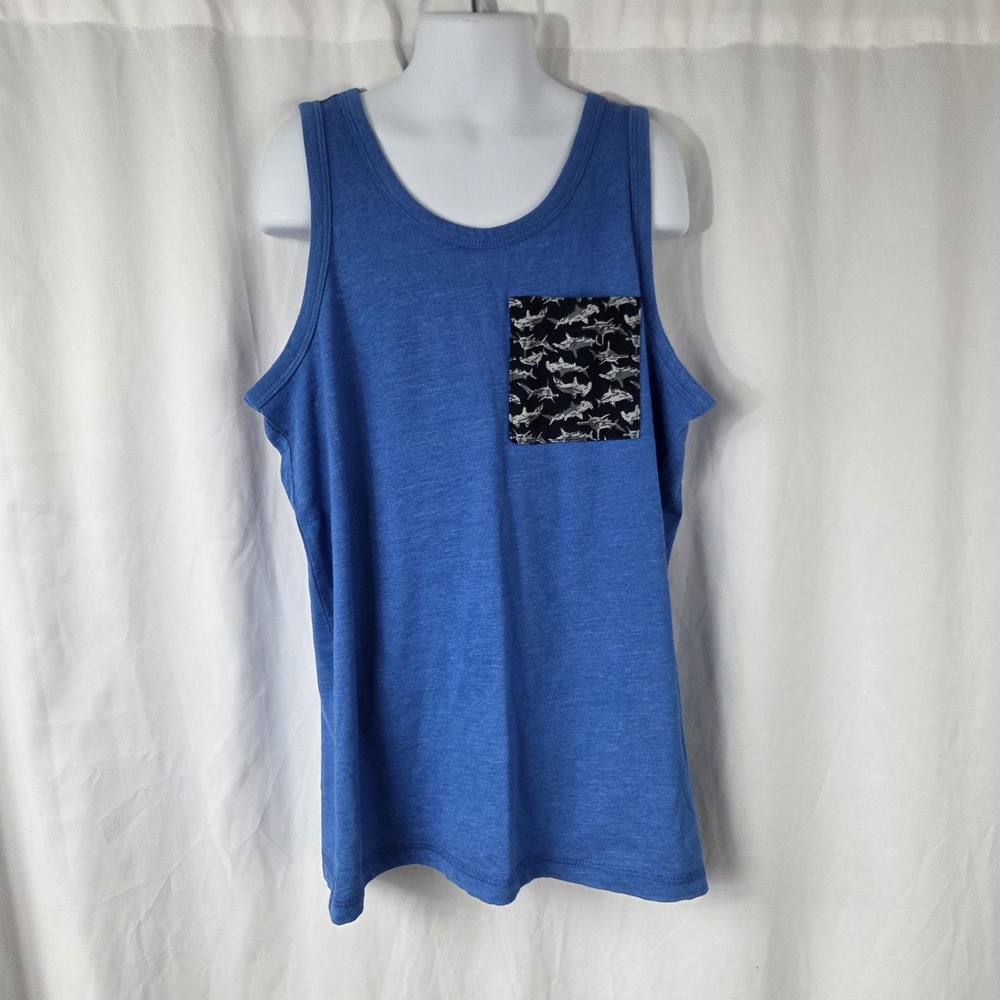 Old Navy Tank Top Boys Large 10-12 Blue Shark Pocket Tagless Jersey Sleeveless